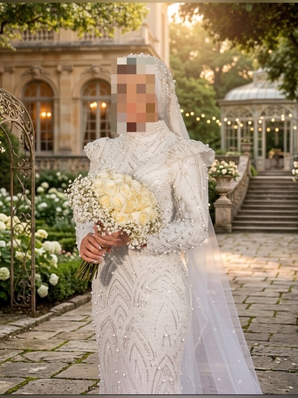 Unk Ivory Beaded Modest Long Sleeve Wedding Dress with Veil - Picture 4 of 5